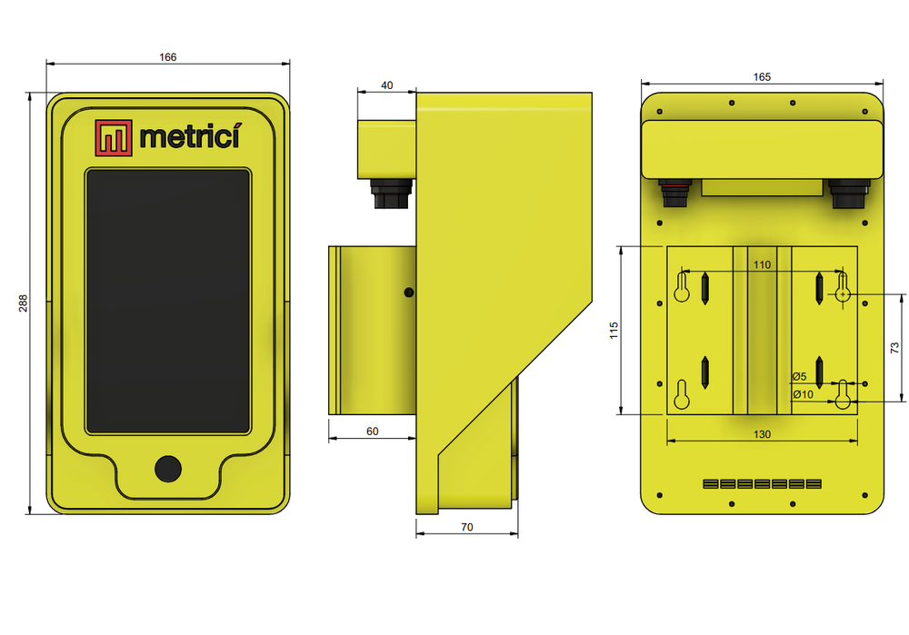 Technical drawing of the Metrici Access Terminal showing front, side and rear views with measurements: 166 mm wide, 288 mm tall, up to 70 mm deep, and the rear mounting-hole pattern.