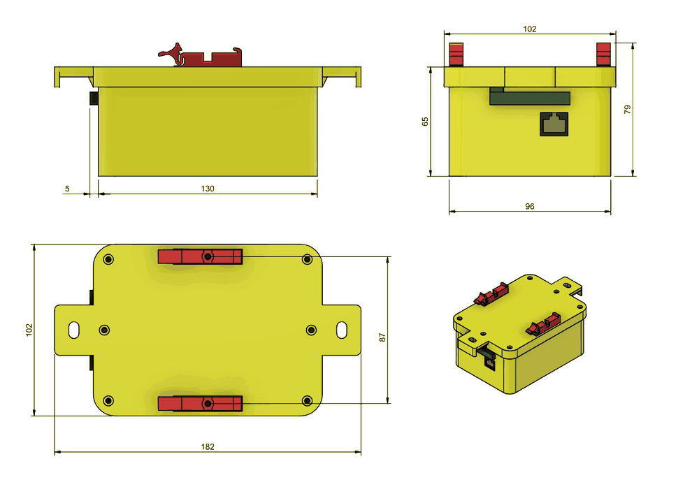 Technical drawing of the Metrici Multicontroller PoE showing front, side and top views with measurements: 182 mm length, 102 mm width, 79 mm height.