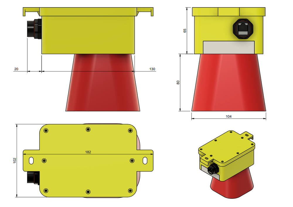 Technical drawing of the Metrici Horn Light showing front, side and top views: a 182 × 102 × 65 mm box with an 80 mm-tall red horn (104 mm wide at the mouth).