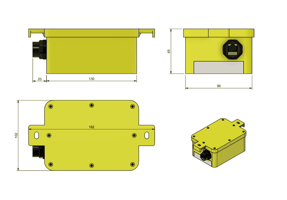 Technical drawing of the Metrici Signal Light Exterior showing front, side and top views with measurements: 182 mm length, 102 mm width, 65 mm height.