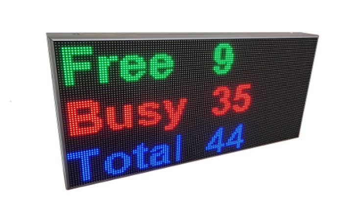 RGB128x64 display showing Free, Busy and Total parking counters