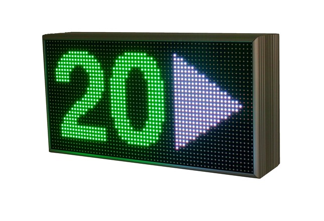 RGBARR display showing the number 20 with a green right-pointing arrow