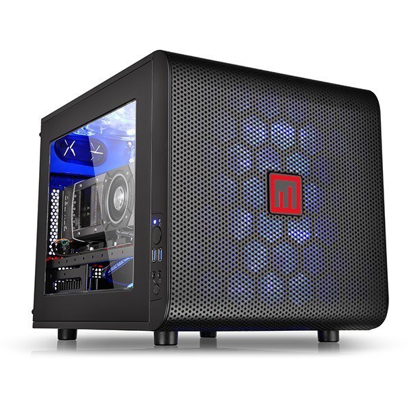 Metrici UltraSYS-AI — black mesh cube PC case with a side window showing blue-lit internals and the Metrici badge on the front