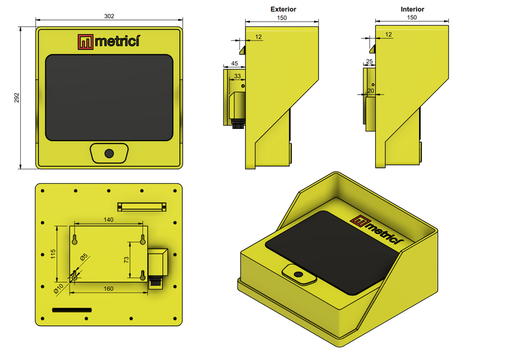 Mechanical drawing of the Metrici Payment Terminal showing front, side (exterior and interior) and rear views, with overall dimensions of 302 × 292 mm and 150 mm depth, plus the rear mounting-hole pattern.
