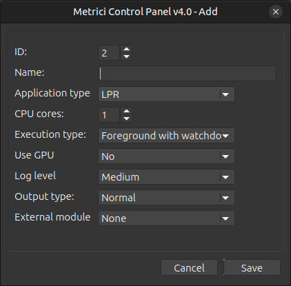 Add Camera dialog with fields for ID, Name, Application Type, CPU Cores, Execution Type, GPU and Log Level