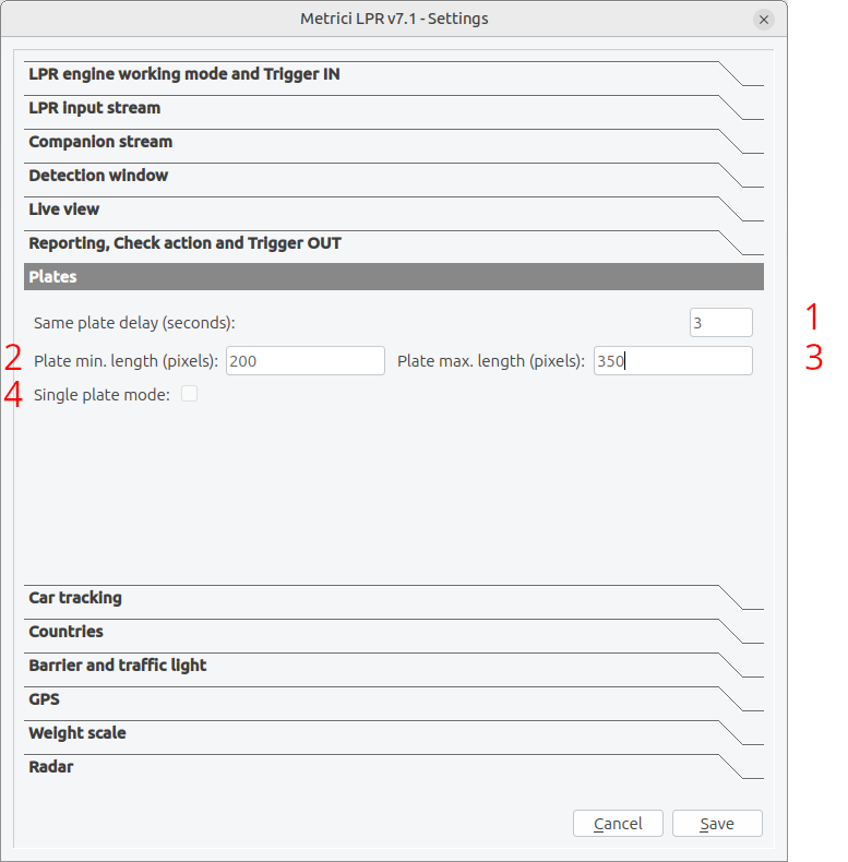 Plate recognition and detection settings panel with minimum plate width and recognition options