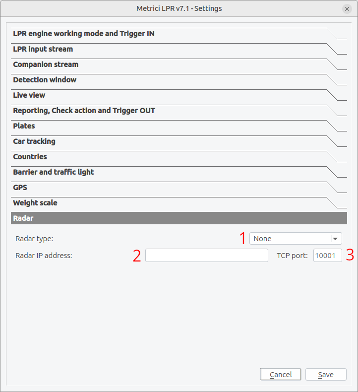 Speed radar integration panel with radar type and threshold settings