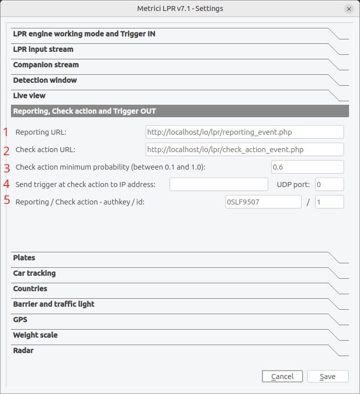 External system integration panel with reporting URL, check action URL and trigger out fields