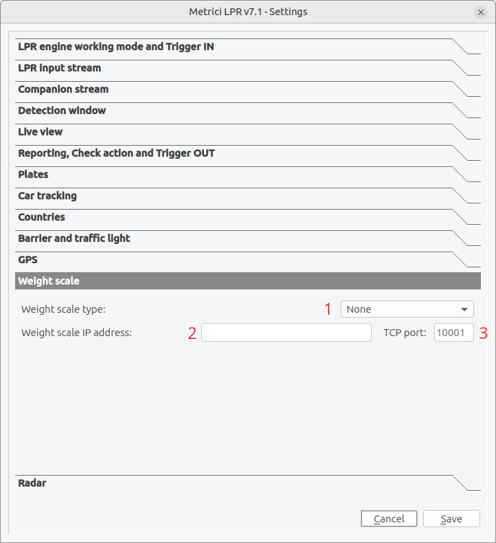 Weight scale integration panel with scale type selection and connection settings
