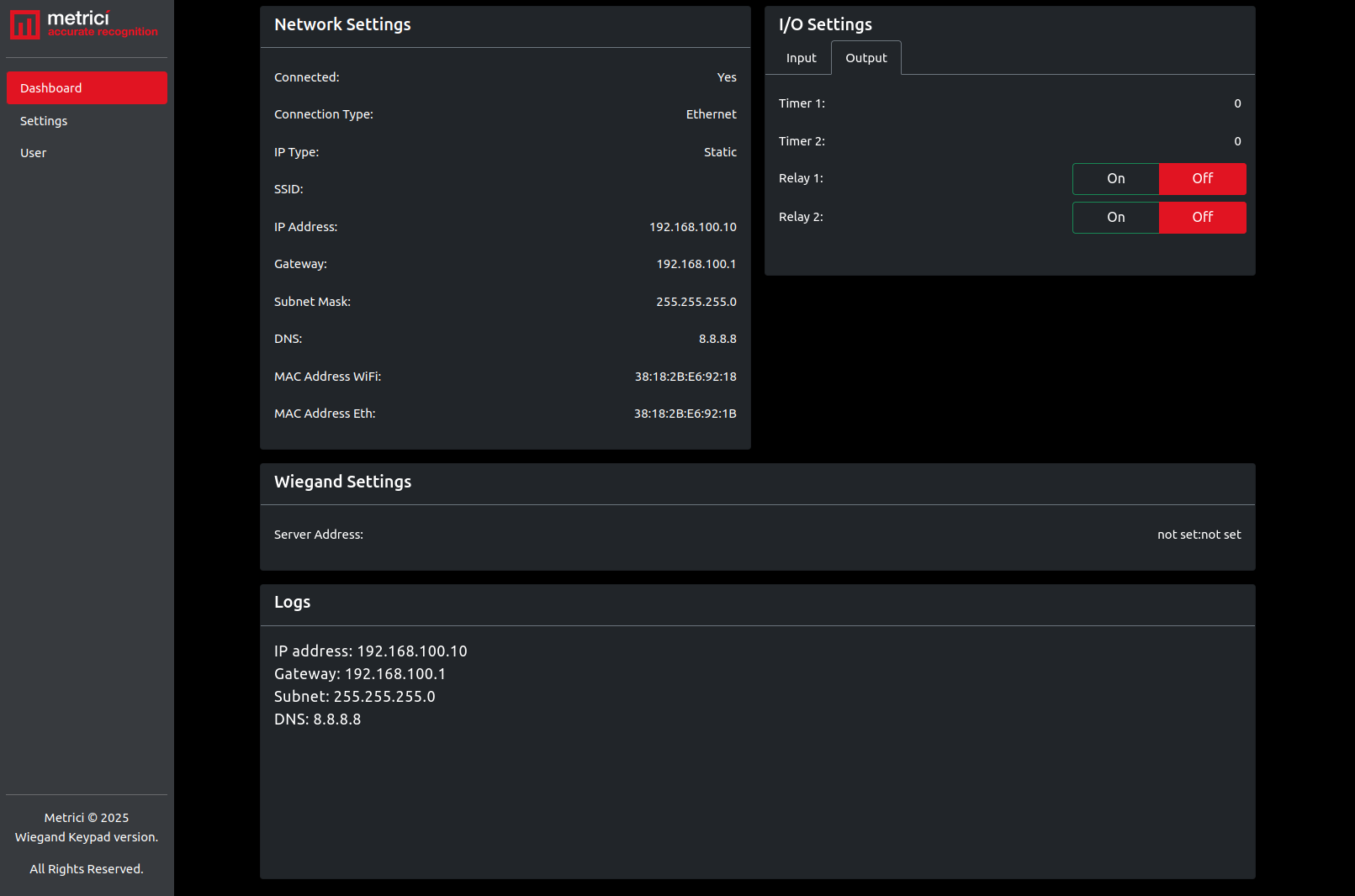 Dashboard showing Output tab with timer settings and relay On/Off buttons