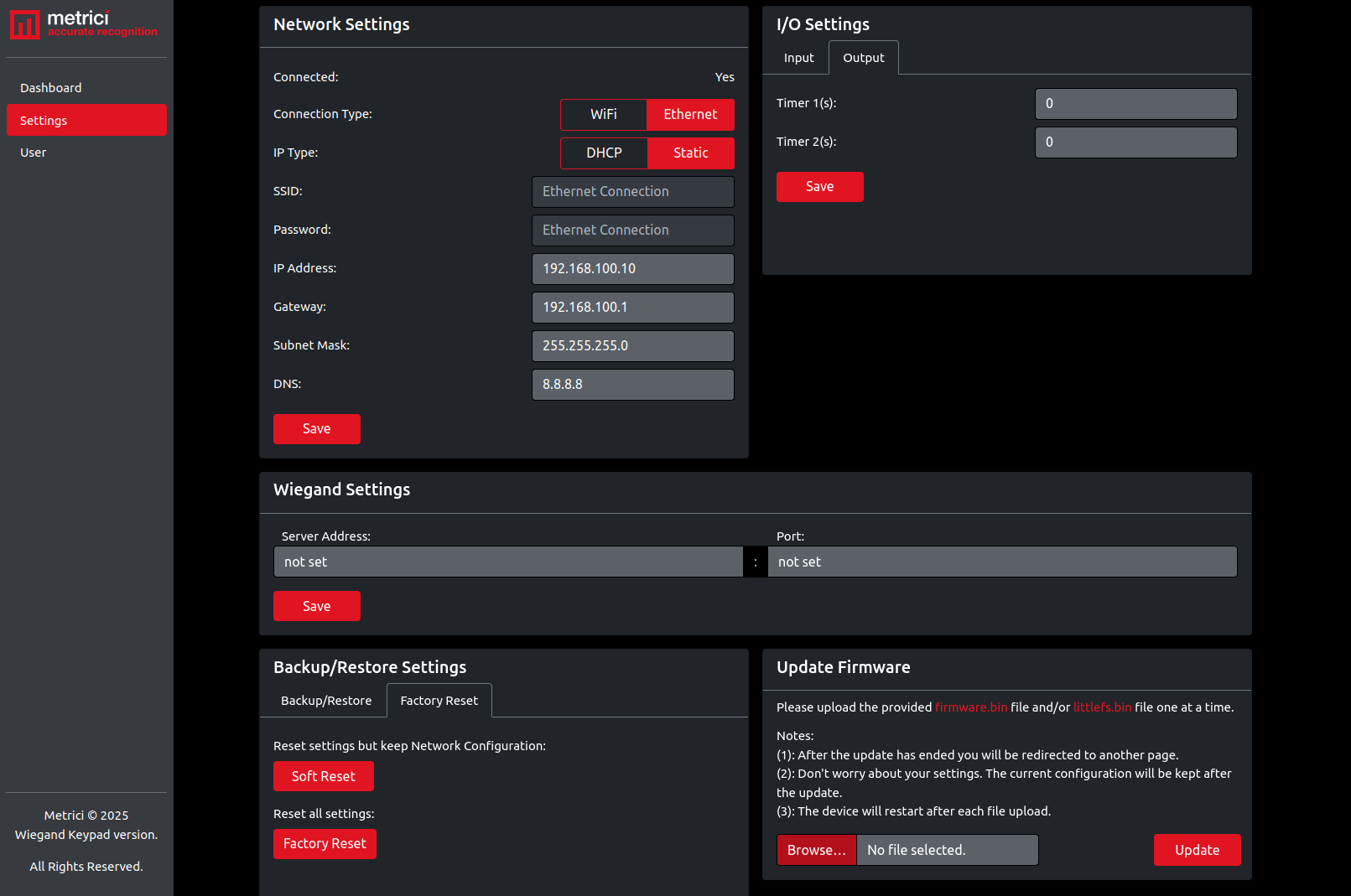 Settings page showing Backup/Restore and Factory Reset options alongside Update Firmware