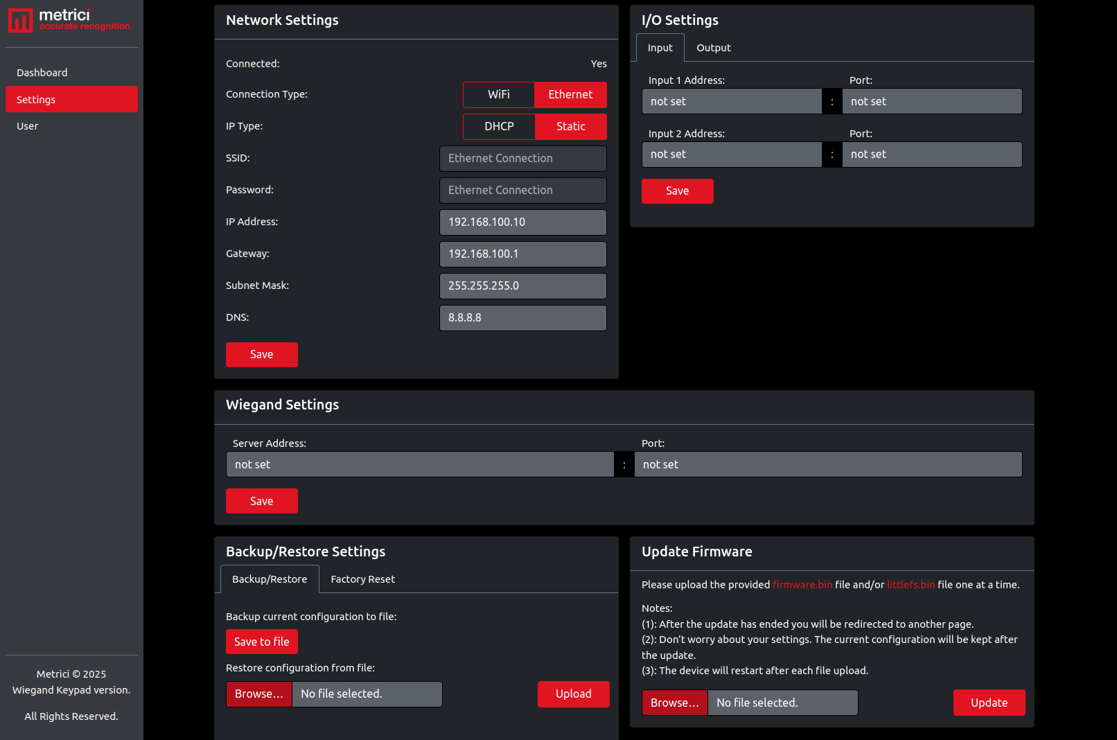 Settings page showing Input tab with IP addresses and ports for two inputs