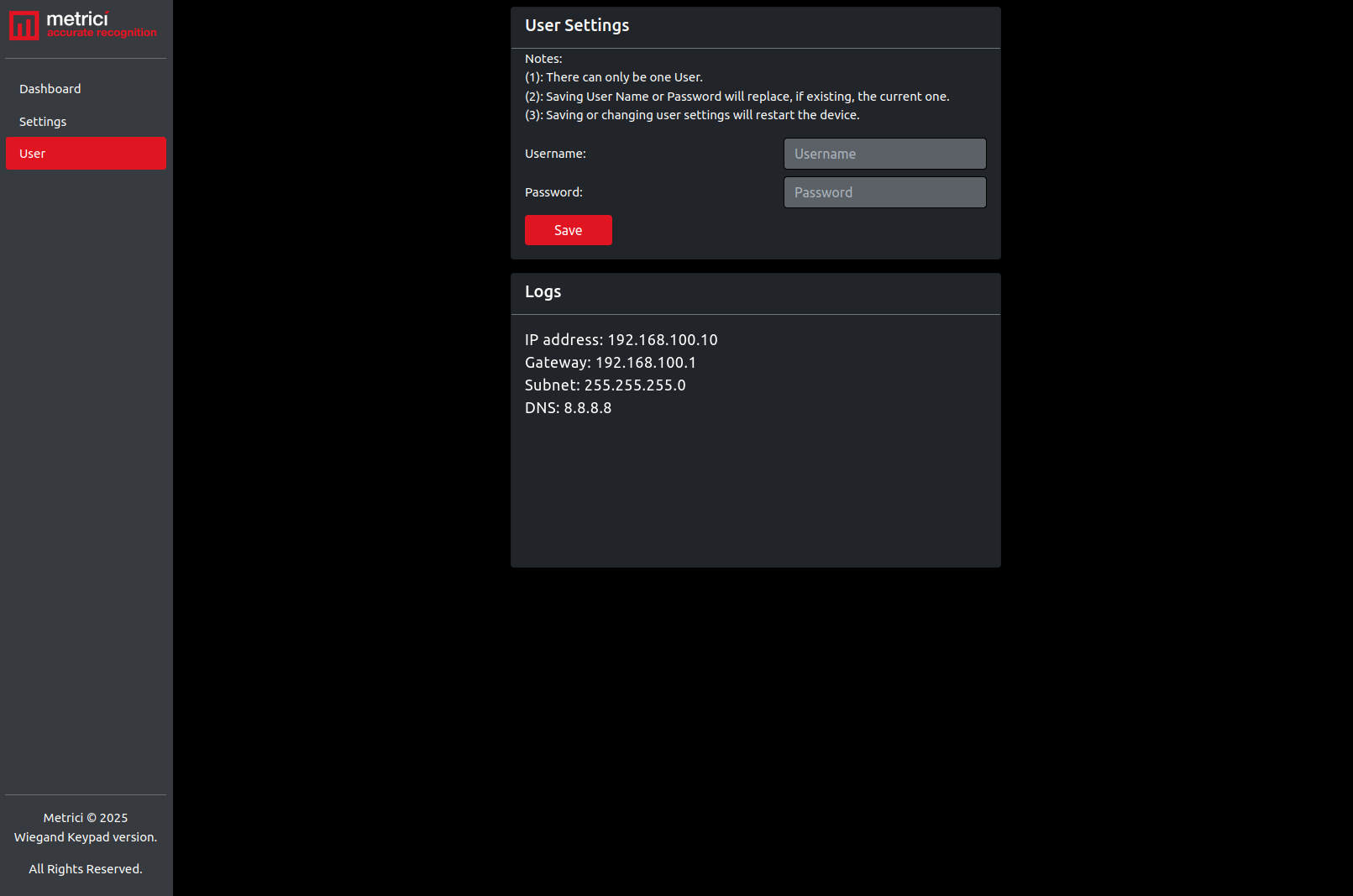 User settings page showing username and password fields with Save button