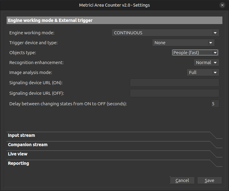 Area Counter settings showing Signaling device URL ON and OFF fields