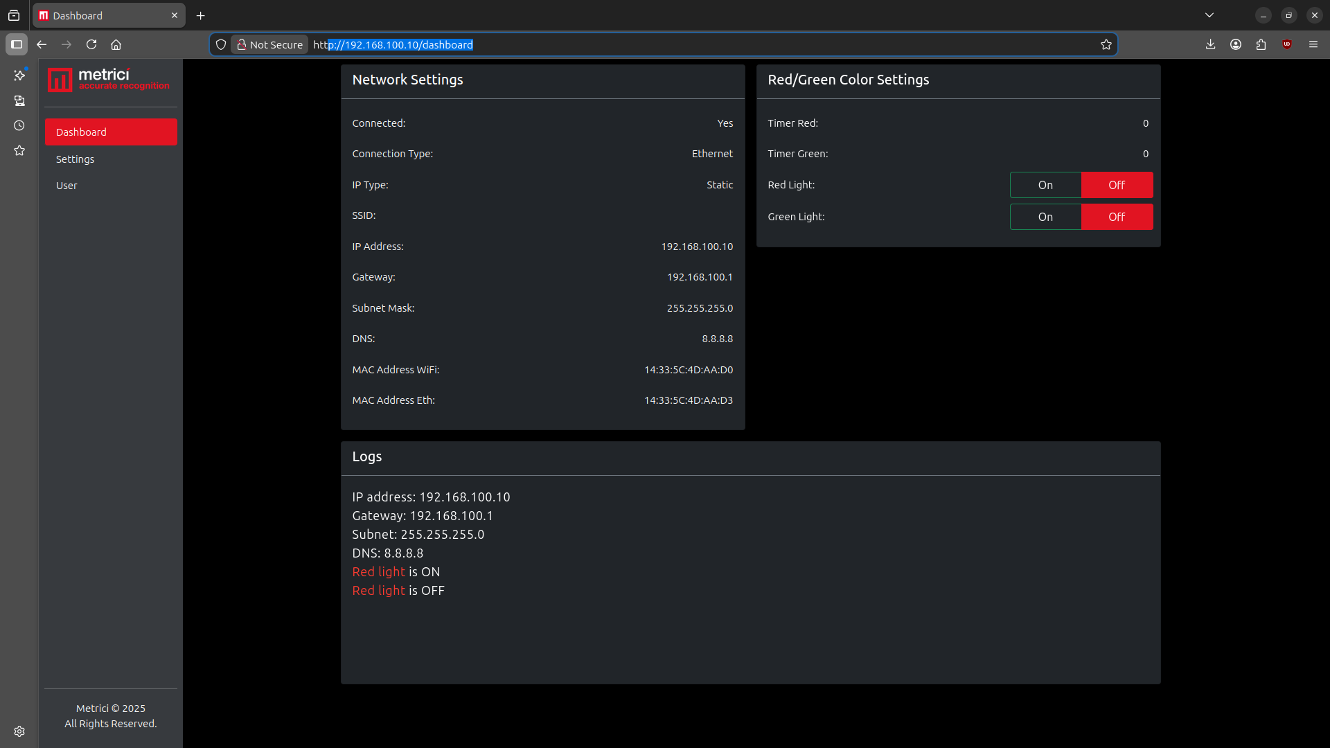 Dashboard page showing Network Settings, Red/Green Color Settings with On/Off buttons, and Logs