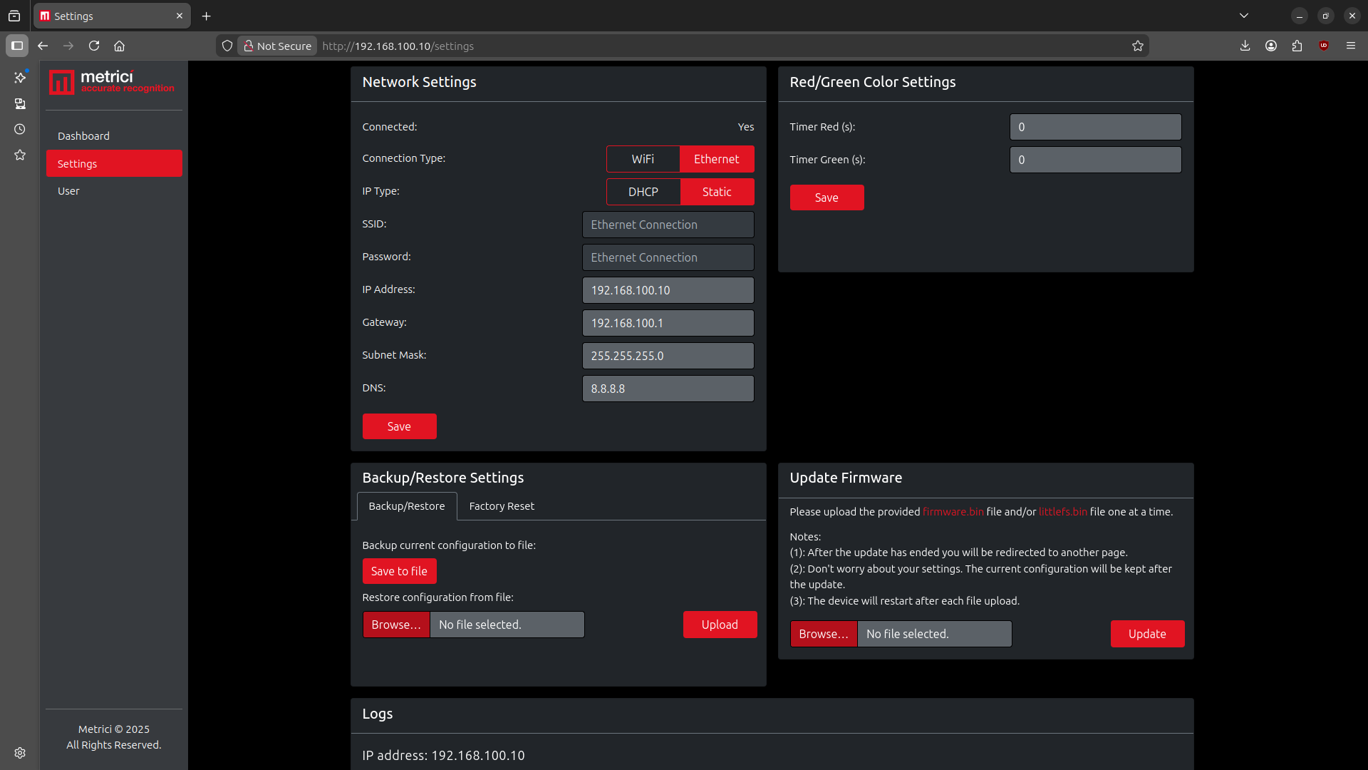 Settings page showing Network Settings, Red/Green Color Settings with timer inputs, Backup/Restore, and Update Firmware sections
