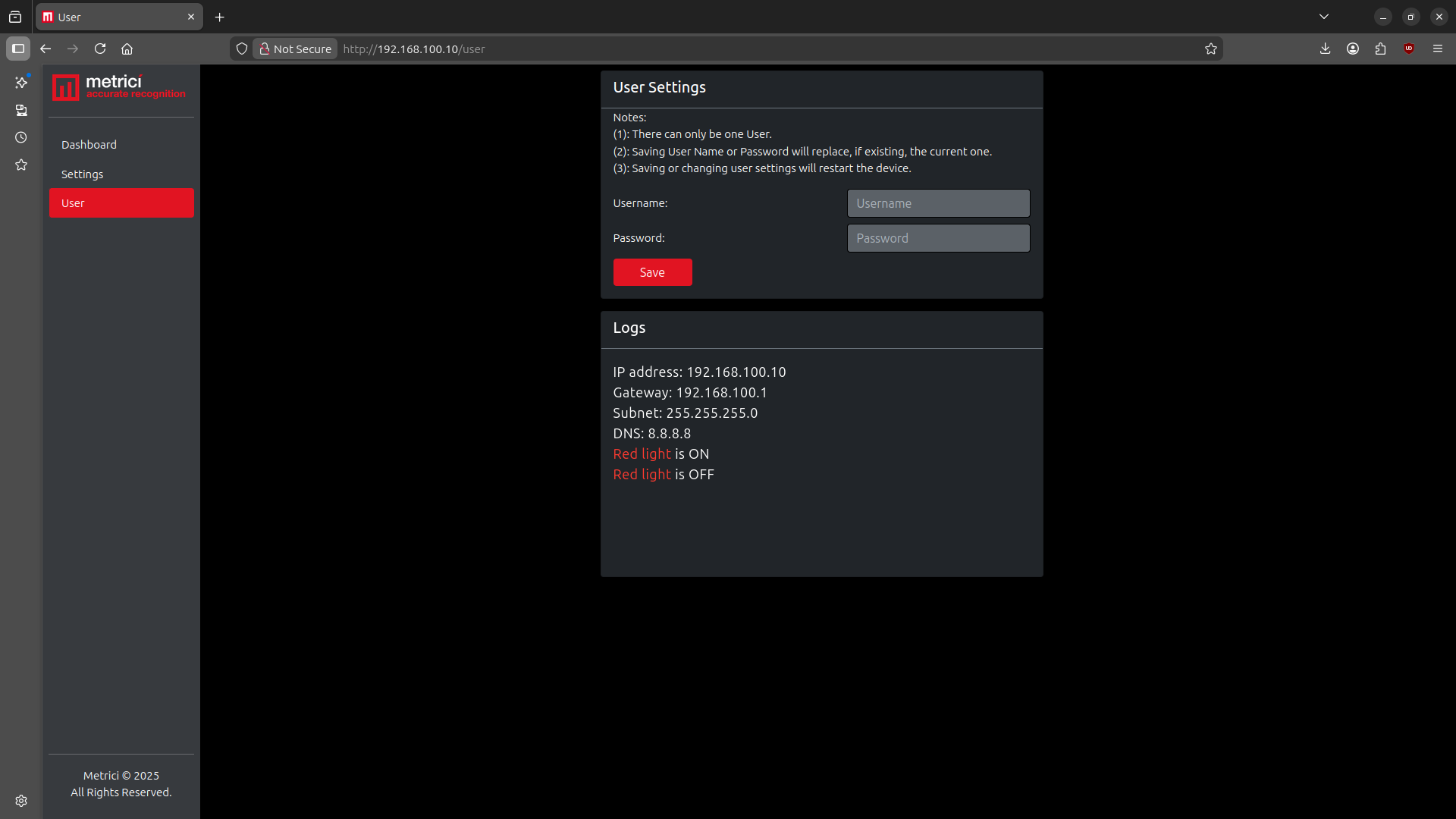 User settings page showing username and password fields with Save button, and Logs section below
