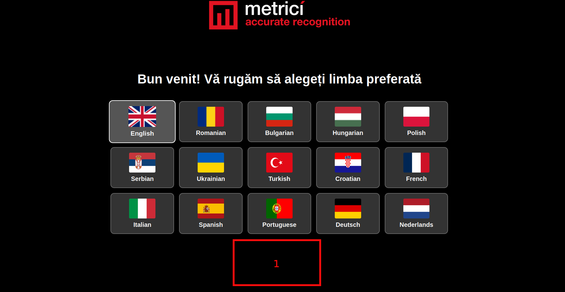 Language selection screen showing 15 language options with national flags