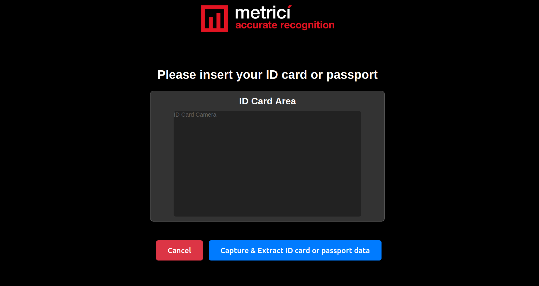 ID scanning screen showing the ID Card Area with camera preview, Cancel and Capture buttons