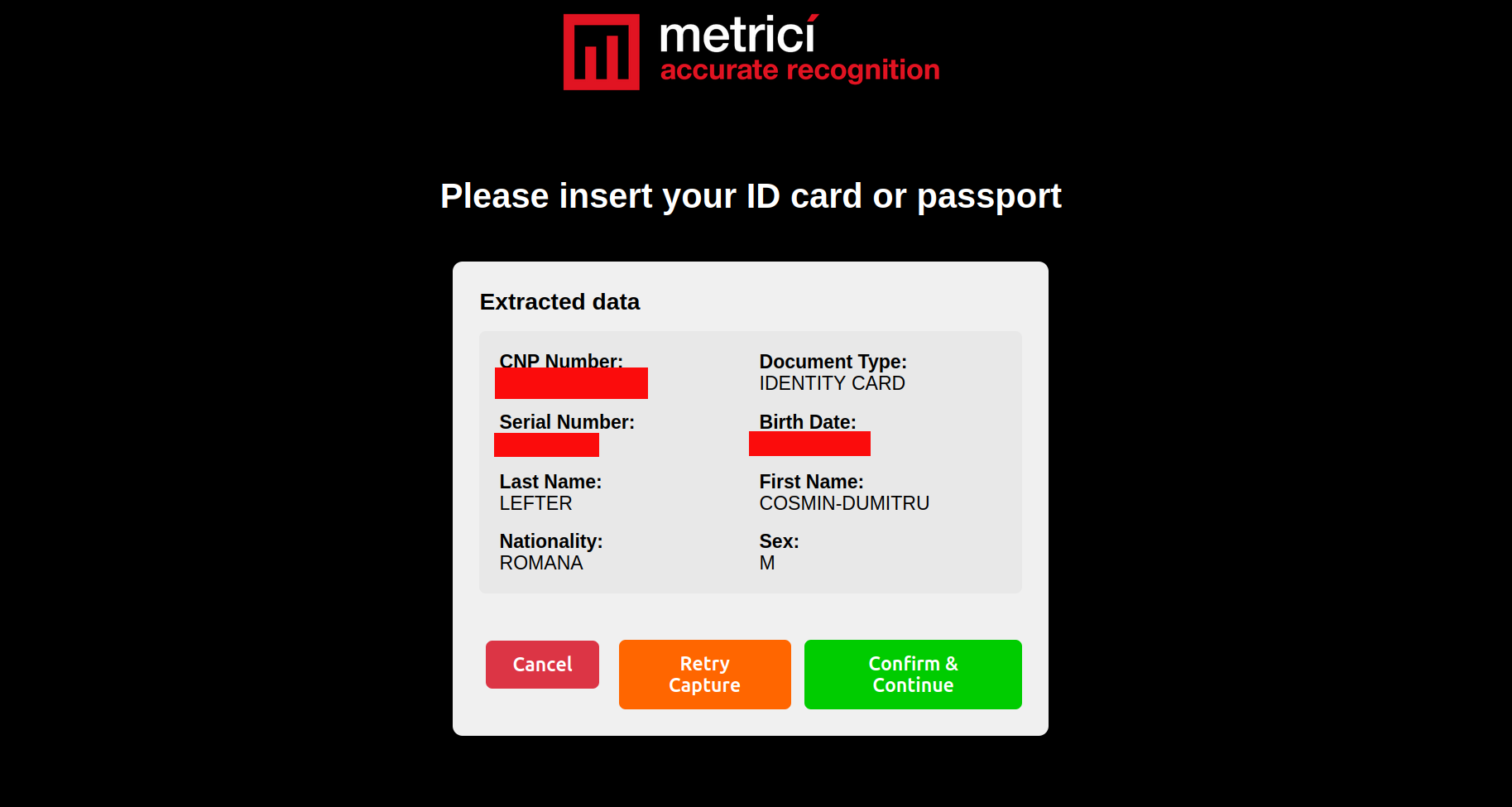 Extracted data review screen showing fields with Cancel, Retry Capture, and Confirm buttons
