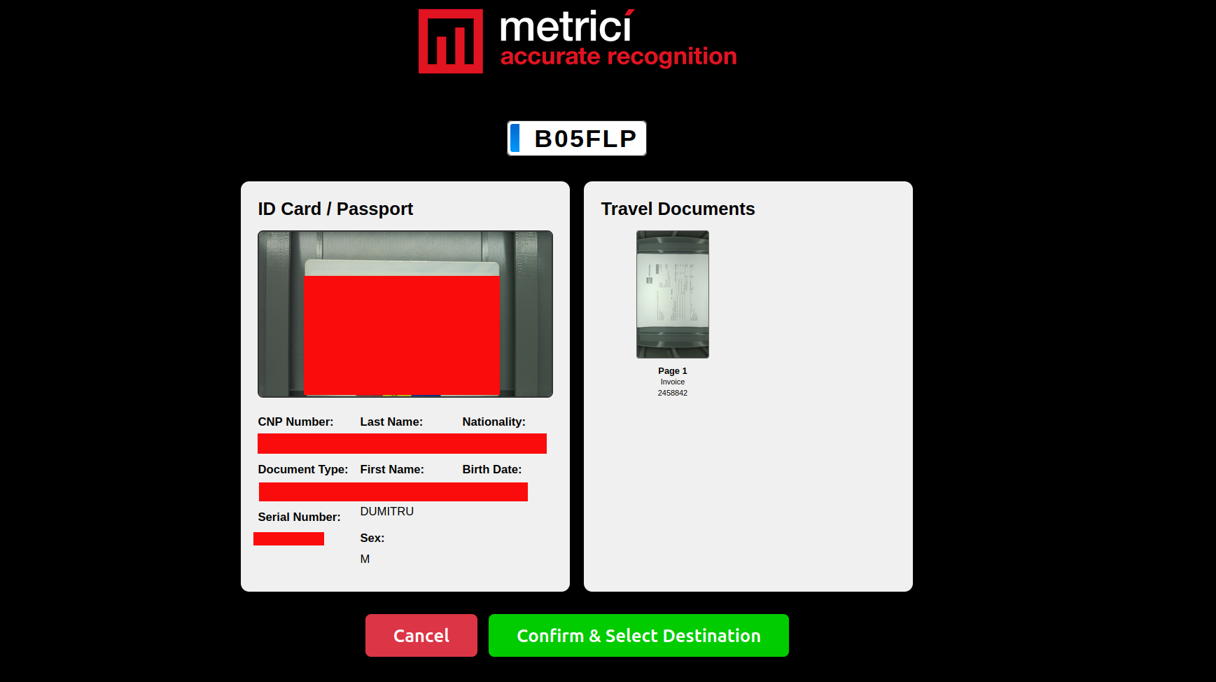 Summary screen showing plate number, ID Card data, and Travel Documents with Cancel and Confirm buttons