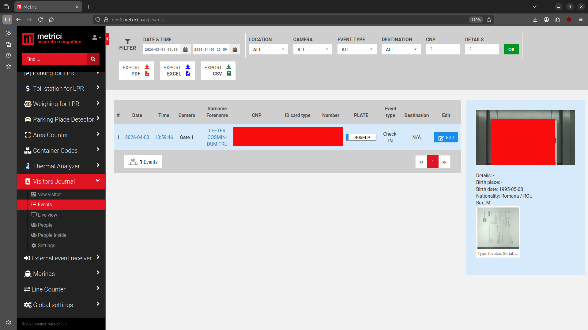 Events page in Visitor Journal showing a filtered list of check-in events with date, time, camera, name, CNP, ID card type, plate number, event type, destination, and document details