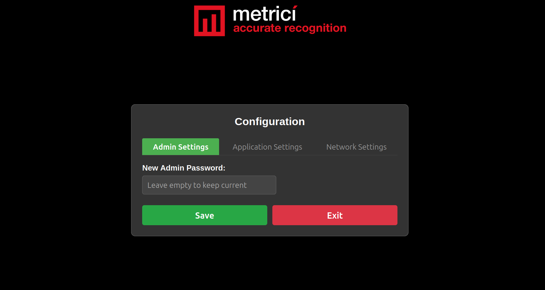 Configuration page showing Admin Settings tab with New Admin Password field, Save and Exit buttons