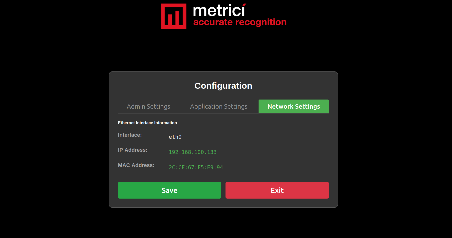 Configuration page showing Network Settings tab with Interface (eth0), IP Address, and MAC Address