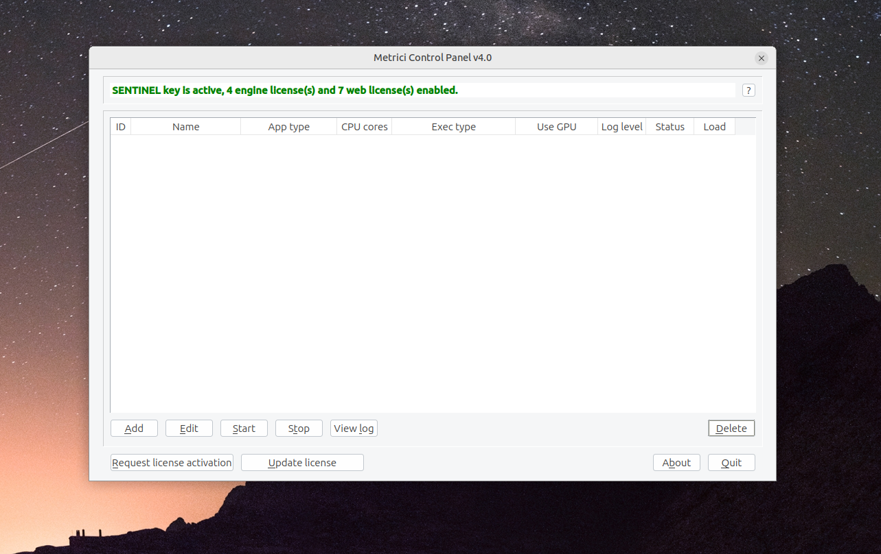 Metrici Control Panel main window after a successful installation, showing an active SENTINEL key and enabled licenses