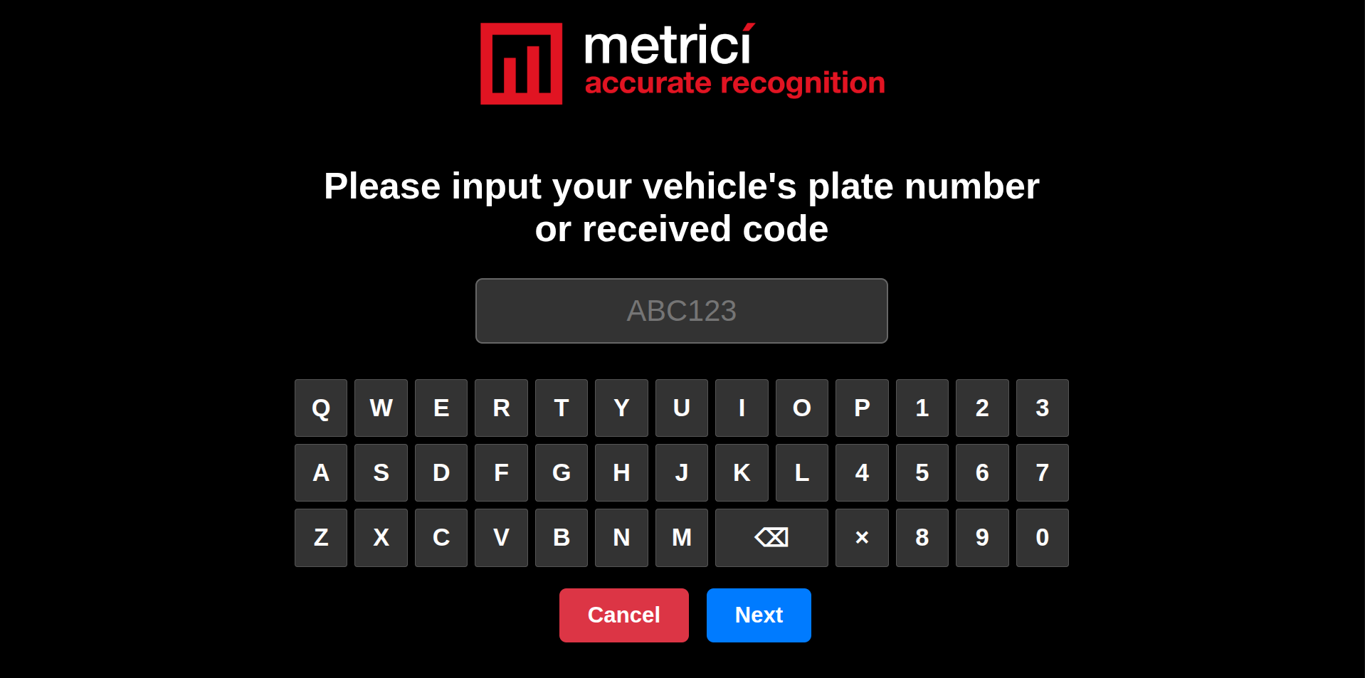 Plate number input screen with on-screen QWERTY keyboard, Cancel and Next buttons