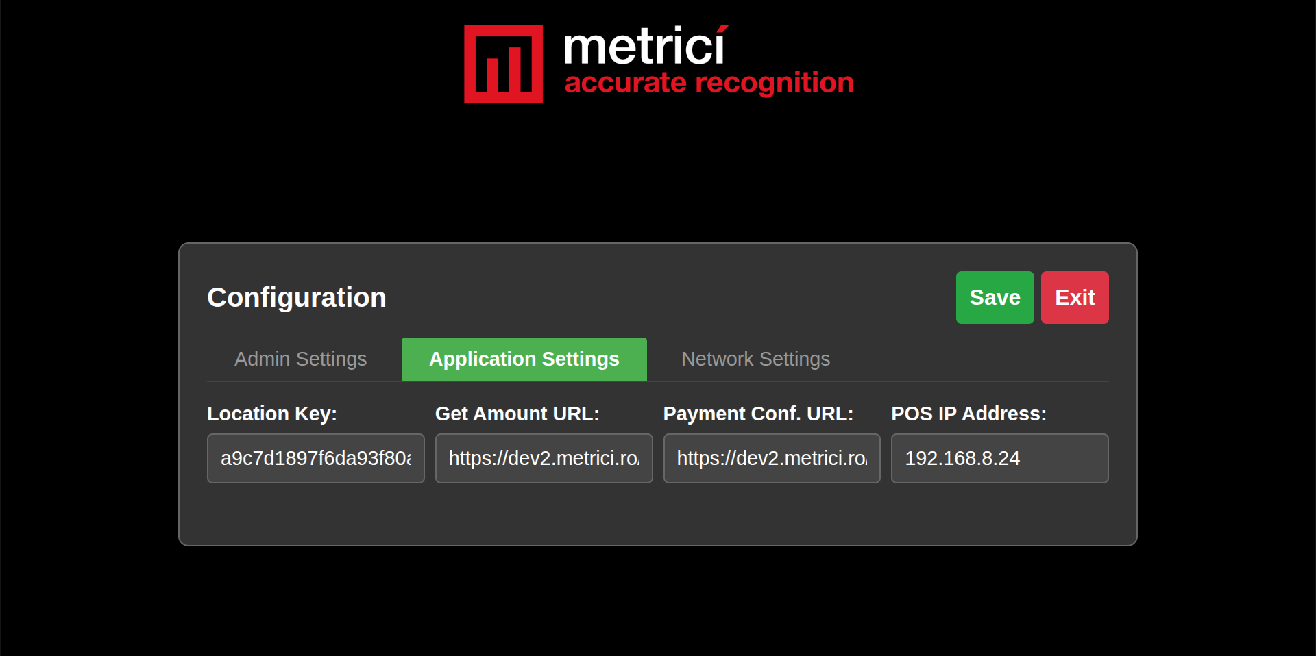 Application Settings tab showing Location Key, Get Amount URL, Payment Conf URL, and POS IP Address fields