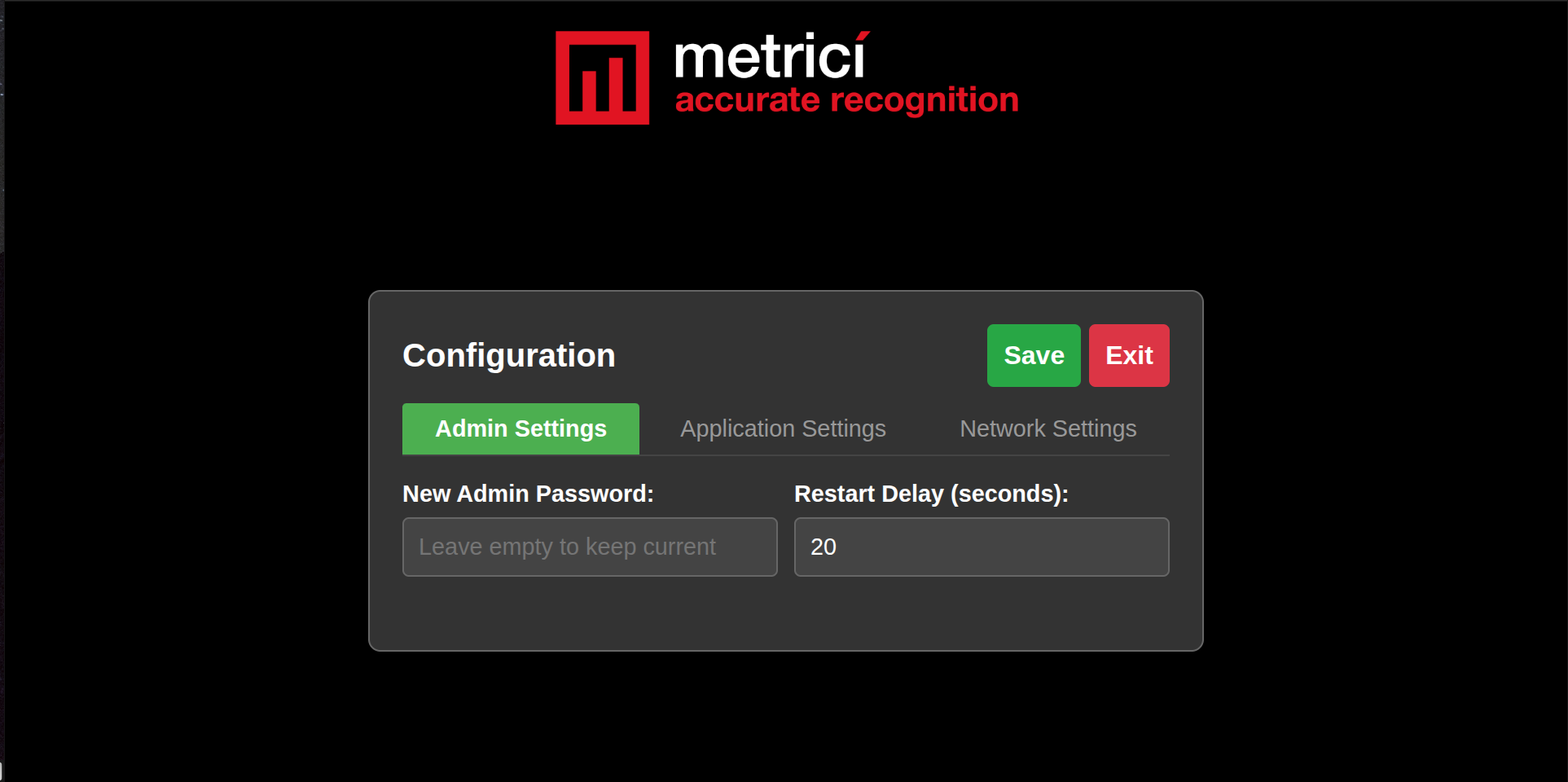 Admin Settings tab showing New Admin Password and Restart Delay fields