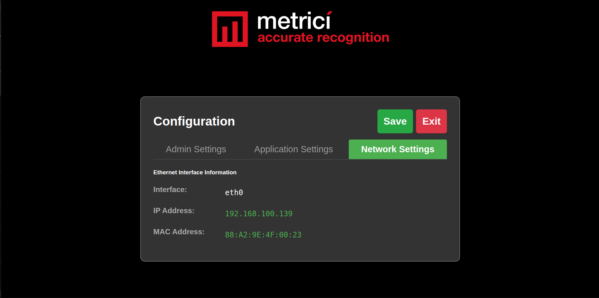 Network Settings tab showing Interface eth0, IP Address, and MAC Address