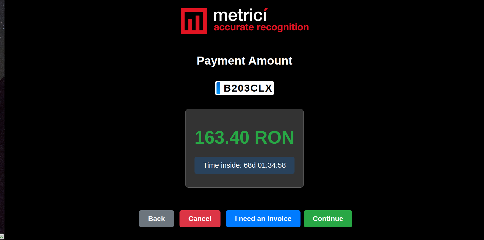 Payment amount screen showing plate number B203CLX, amount 163.40 RON, and time inside 68d 01:34:58