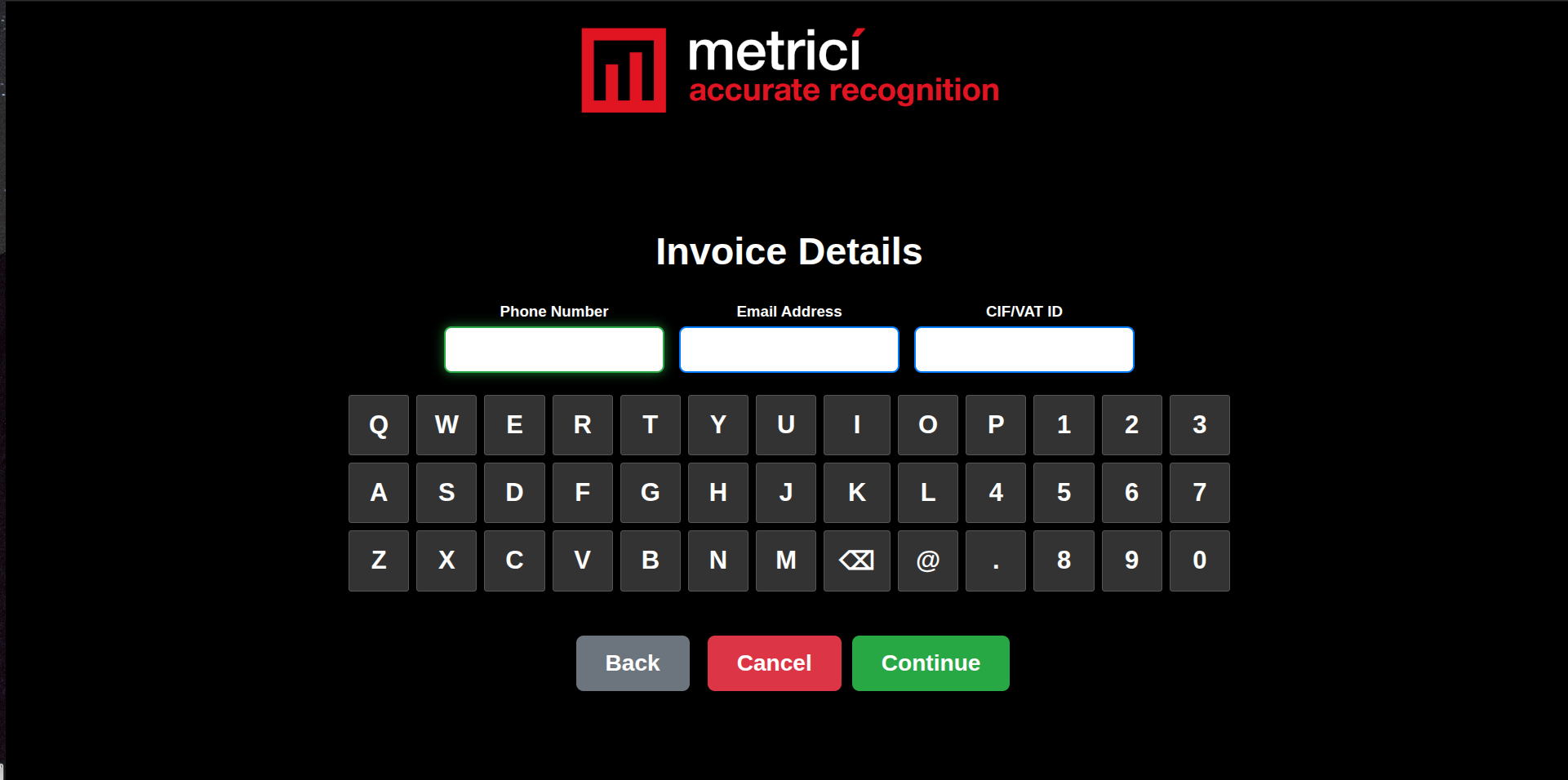 Invoice details screen with Phone Number, Email Address, and CIF/VAT ID fields and on-screen keyboard