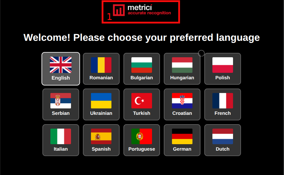 Welcome screen with 15 language tiles arranged in a grid: English, Romanian, Bulgarian, Hungarian, Polish, Serbian, Ukrainian, Turkish, Croatian, French, Italian, Spanish, Portuguese, German, Dutch.