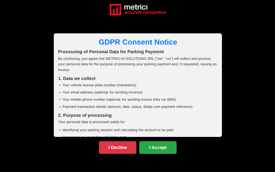 GDPR Consent Notice modal listing the categories of personal data collected (license plate, email, phone, payment details) and the purposes of processing, with I Decline and I Accept buttons.