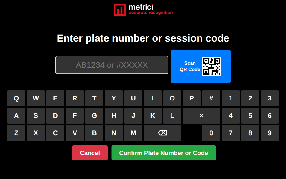 Plate entry screen with an input field (placeholder AB1234 or #XXXXX), a blue Scan QR Code button to the right, and a full QWERTY on-screen keyboard with numeric keys.