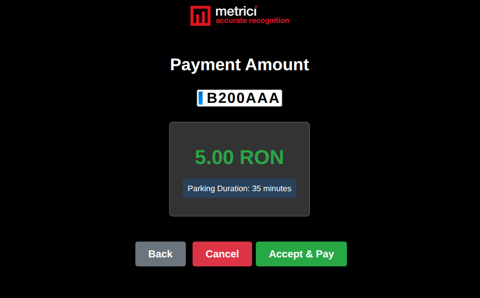 Payment Amount screen showing the recognised plate B200AAA in a license-plate-style frame, the amount due (5.00 RON in green) and the parking duration (35 minutes), with Back, Cancel, and Accept & Pay buttons.