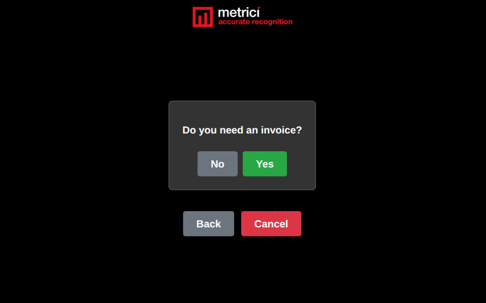 Modal dialogue asking 'Do you need an invoice?' with No and Yes buttons. Back and Cancel buttons are visible below.