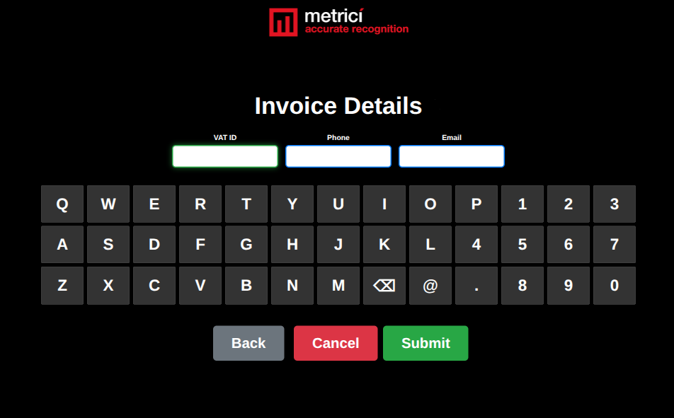 Invoice Details form with three input fields (VAT ID, Phone, Email) above a touchscreen QWERTY keyboard that also includes the @ and . characters used for typing email addresses.