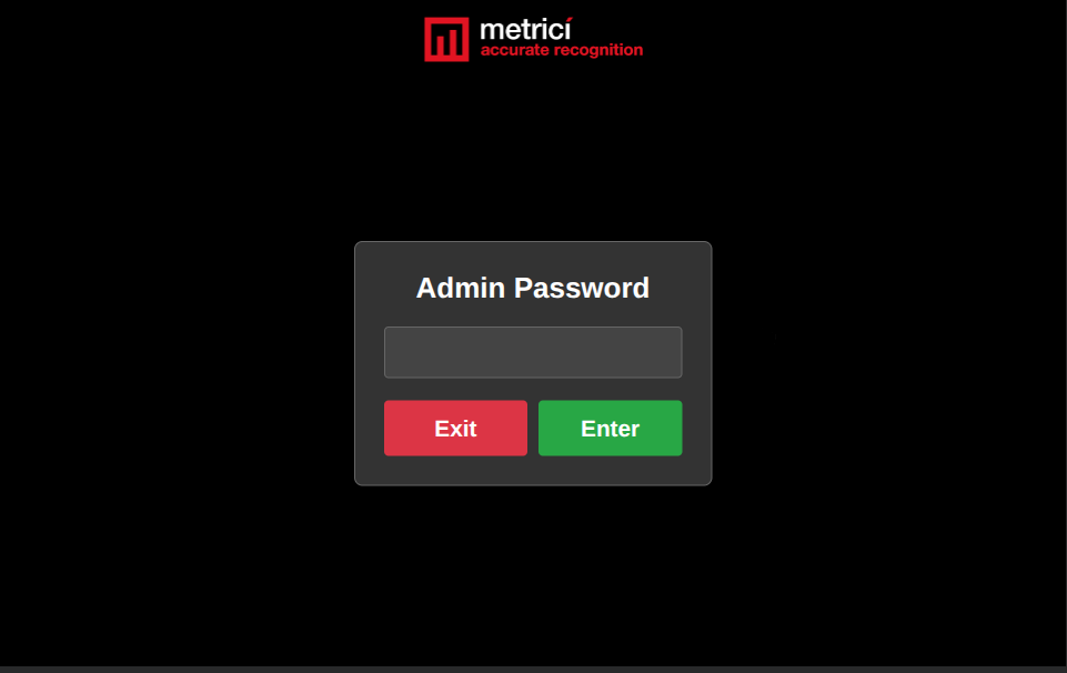 Admin Password modal with a password input field, an Exit button (red) and an Enter button (green).