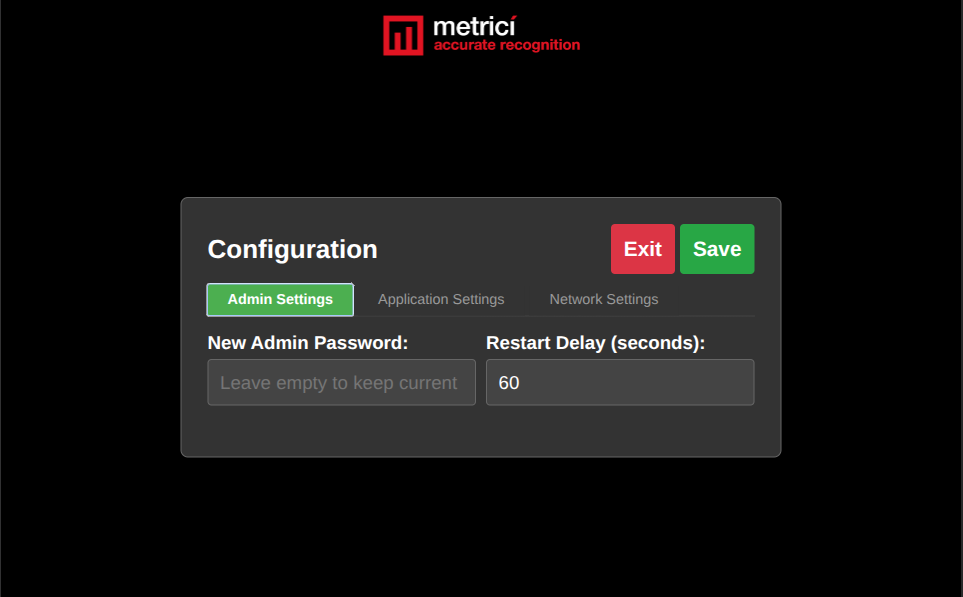 Admin Settings tab with two fields: 'New Admin Password' (placeholder Leave empty to keep current) and 'Restart Delay (seconds)' set to 60. Exit and Save buttons are at the top.