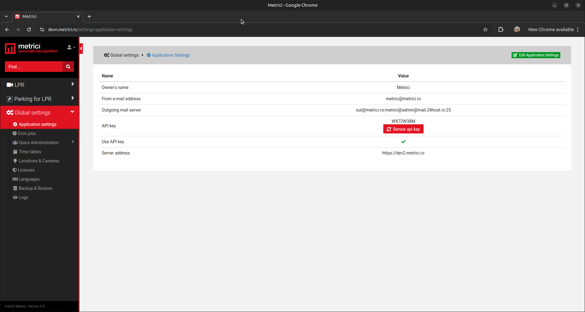 Global Settings → Application Settings page showing rows for Owner's name (Metrici), From e-mail address, Outgoing mail server, API key (WX72W38M) with a red Renew api key button next to it, Use API key (enabled), and Server address (https://dev2.metrici.ro).