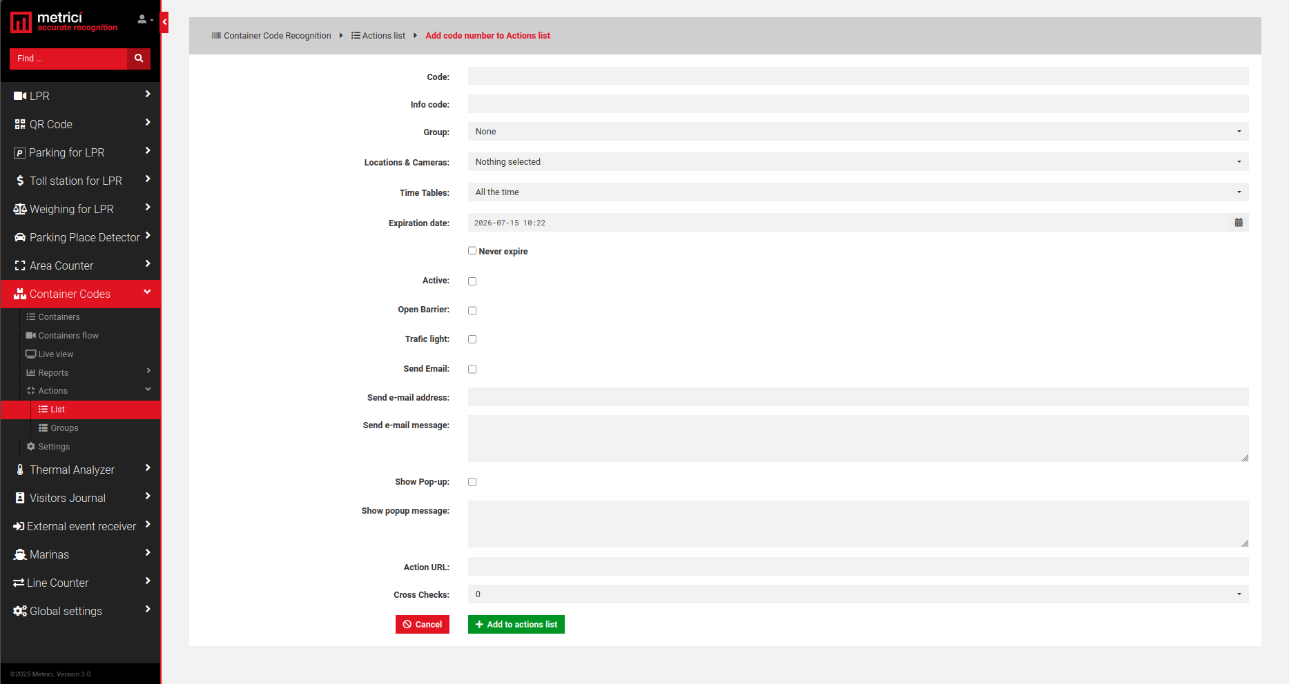 Add code to actions list form screenshot