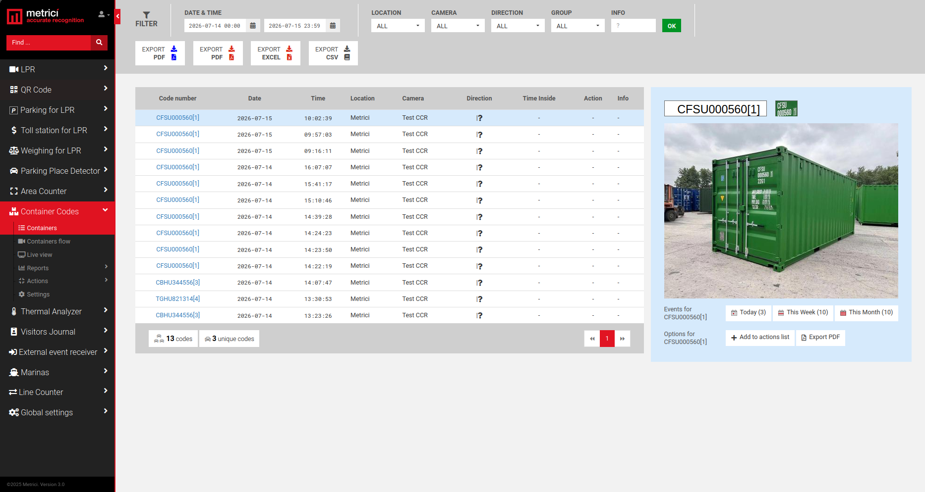 Containers event list screenshot