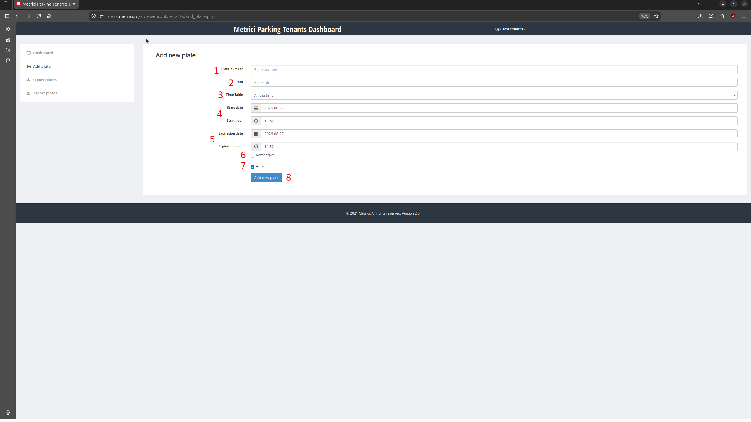 Add new plate form with plate number, info, time table, start and expiration date fields