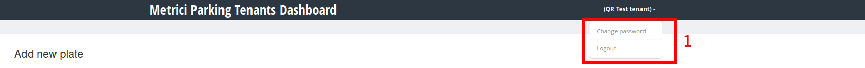 Account menu opened from the tenant name showing Change password and Logout