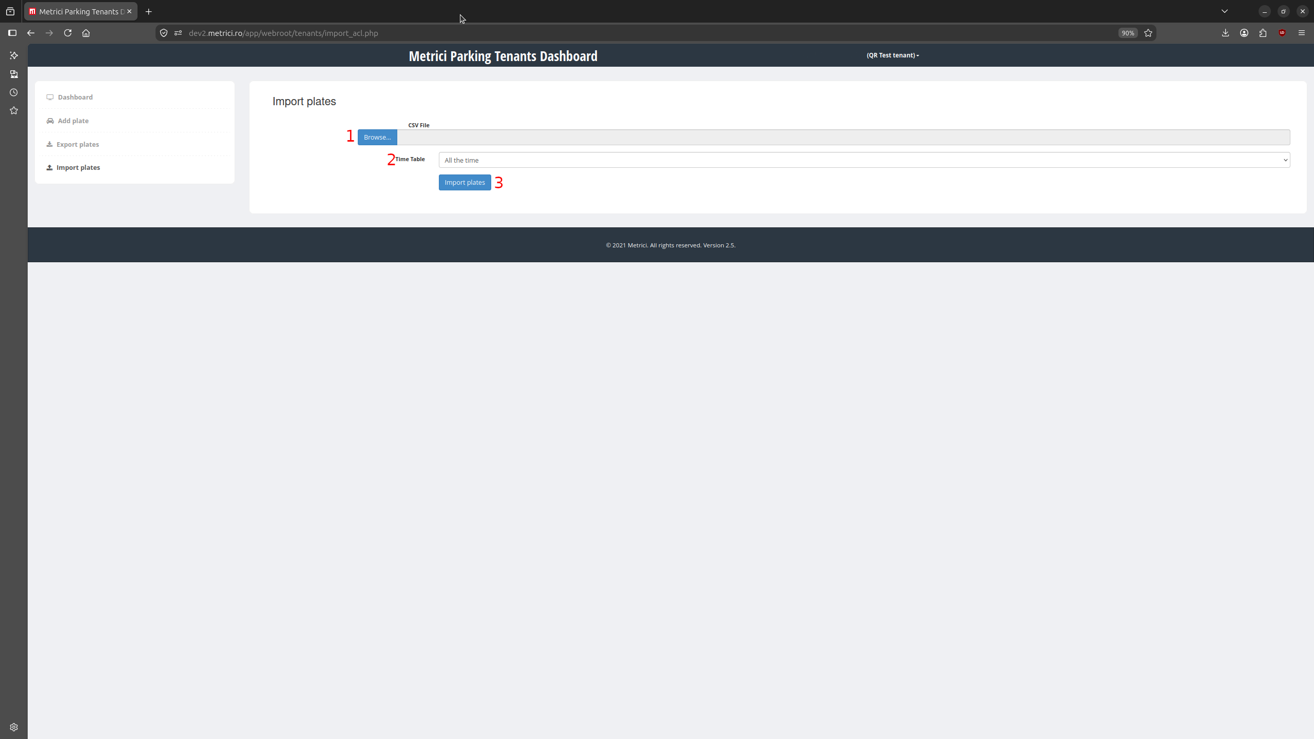 Import plates page with a CSV file browse control and a time table selector
