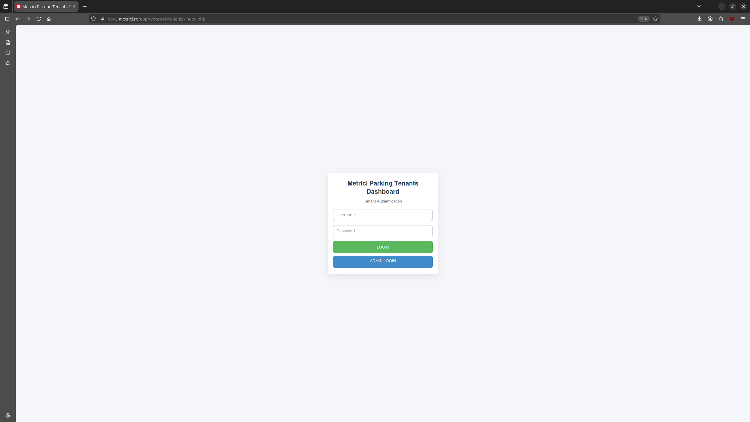 Metrici Parking Tenants Dashboard login screen with username and password fields